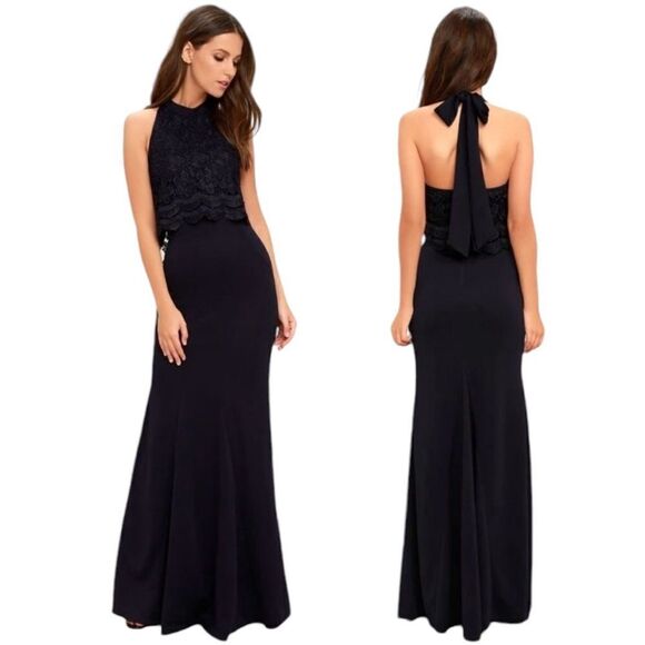 Lulus Sociable Navy Blue Lace Halter Maxi Long Dress Size XS High Neck Formal - Picture 1 of 11